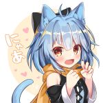  1girl animal_ears bangs bare_shoulders black_bow blue_hair blush bow brown_eyes cat_ears cat_tail commentary_request copyright_request detached_sleeves eyebrows_visible_through_hair fang haiba_09 hair_bow hair_ornament highres looking_at_viewer medium_hair orange_scarf scarf silver_hair solo tail translation_request virtual_youtuber 