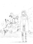  1girl closed_mouth coat collared_shirt full_body greyscale hands_in_pockets highres long_hair looking_up monochrome nikaidou_kou open_clothes open_coat original outdoors pants ruins shirt shoes solo standing wing_collar 