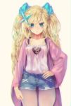  1girl absurdres blonde_hair breasts collarbone commentary_request denim denim_shorts green_eyes hair_between_eyes hair_ornament highres jacket jewelry long_hair long_sleeves looking_at_viewer necklace original pink_jacket short_shorts shorts small_breasts torieto twintails wavy_hair 