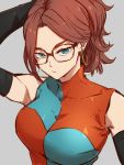  1girl alternate_hairstyle android_21 black-framed_eyewear blue_eyes breasts brown_hair checkered detached_sleeves dragon_ball dragon_ball_fighterz earrings glasses grey_background hand_up hoop_earrings jewelry kemachiku large_breasts looking_at_viewer ponytail short_hair simple_background solo upper_body 