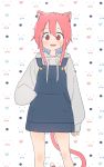  1girl absurdres animal_ears blush bural_chingu cat_ears cat_girl cat_tail dress extra_ears fang hair_between_eyes highres hood hoodie lee_ji-eun looking_at_viewer luke_(dydansgur) pinafore_dress pink_eyes pink_hair short_hair sidelocks skin_fang smile solo sweatdrop tail 