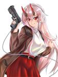  1girl absurdres belt black_belt blush breasts brown_coat coat commentary_request controller fate/grand_order fate_(series) game_controller gun hair_between_eyes head_tilt highres holding holding_gun holding_weapon large_breasts light_gun long_hair long_skirt looking_at_viewer oni_horns pink_hair pose red_eyes red_skit simple_background skirt smile solo sweater sweater_under_jacket tomoe_gozen_(fate/grand_order) turtleneck turtleneck_sweater very_long_hair weapon white_background white_sweater wire yahan_(mctr5253) 