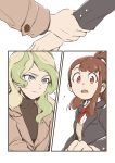  alternate_costume black_jacket blonde_hair blue_eyes brown_hair confused diana_cavendish formal hands_on_another&#039;s_wrists highres jacket kagari_atsuko little_witch_academia long_hair looking_at_another multicolored_hair multiple_girls open_mouth red_eyes simple_background suit surprised tonton_(mathcaca24) yuri 