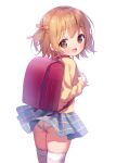  1girl :d ass backpack bag bangs blue_skirt blush bow brown_bow brown_eyes brown_hair chitosezaka_suzu commentary_request eyebrows_visible_through_hair hair_bow holding_strap long_sleeves looking_at_viewer looking_back open_mouth original panties pleated_skirt randoseru shirt simple_background skirt sleeves_past_wrists smile solo thigh-highs two_side_up underwear white_background white_legwear white_panties yellow_shirt 