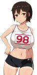  1girl adjusting_clothes adjusting_shorts black_shorts blush breasts brown_eyes brown_hair closed_mouth clothes_writing collarbone cowboy_shot gym_shorts highres huge_breasts looking_at_viewer midriff navel nt00 original parted_lips short_hair shorts simple_background solo sports_bra sweat tan tanline track_and_field white_background 