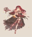  1girl bangs beige_background belt belt_buckle black_dress blonde_hair bloomers blunt_bangs bone breasts brown_belt buckle closed_mouth dress frilled_sleeves frills full_body hair_ribbon holding holding_staff keyhole leg_up little_red_riding_hood_(sinoalice) lock long_hair long_sleeves looking_to_the_side multicolored multicolored_clothes multicolored_dress multicolored_legwear padlock red_footwear red_headwear red_ribbon ribbon shoes simple_background sinoalice skull sleeves_past_fingers sleeves_past_wrists small_breasts smile solo spikes staff standing standing_on_one_leg striped striped_legwear underwear user_fvac7837 veil yellow_eyes 
