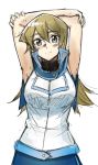  1girl armpits arms_behind_back arms_up bangs blonde_hair blue_skirt breasts brown_eyes closed_mouth eyebrows_visible_through_hair hair_between_eyes highres large_breasts long_hair looking_at_viewer rourou_ill shiny shiny_hair shirt simple_background sketch skirt sleeveless sleeveless_shirt smile solo standing straight_hair tenjouin_asuka very_long_hair white_background white_shirt yuu-gi-ou yuu-gi-ou_gx 