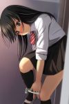  1girl absurdres bangs black_hair black_legwear black_skirt blue_panties blush brown_eyes closed_mouth collared_shirt diagonal-striped_neckwear diagonal_stripes eyebrows_visible_through_hair highres kneehighs long_hair looking_away looking_down matsunaga_kouyou nose_blush original panties panties_around_one_leg pleated_skirt red_neckwear shirt shoes skirt solo standing standing_on_one_leg striped striped_neckwear underwear undressing uwabaki white_footwear white_shirt 