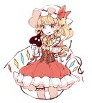  1girl :q arm_behind_back blonde_hair cowboy_shot cropped_legs crystal dress earrings flandre_scarlet frilled_dress frills hat holding holding_own_tail jewelry laevatein_(tail) leg_garter light_blush long_hair mob_cap mozukuzu_(manukedori) neck_ribbon pointy_ears puffy_short_sleeves puffy_sleeves red_dress red_eyes ribbon short_sleeves side_ponytail simple_background solo tail tongue tongue_out touhou white_background white_headwear wings wrist_cuffs yellow_neckwear 