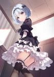  &gt;:( 1girl bangs bison_cangshu black_bow black_dress black_legwear blue_eyes blue_hair blush bow closed_mouth dress eyebrows_visible_through_hair feet_out_of_frame frilled_dress frilled_legwear frills from_below garter_straps hair_bow highres indoors juliet_sleeves layered_dress long_sleeves looking_at_viewer looking_down puffy_sleeves ryuuou_no_oshigoto! solo sora_ginko standing thigh-highs two-tone_background v-shaped_eyebrows 
