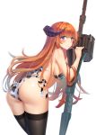  1girl absurdres arknights ass bagpipe_(arknights) bangs bare_arms bare_shoulders bikini black_legwear blush breasts chinese_commentary commentary_request cowboy_shot eyebrows_visible_through_hair from_behind hand_up highres horns lance large_breasts leaning_forward long_hair looking_at_viewer looking_back orange_hair partial_commentary planted_weapon polearm red_and_white side-tie_bikini simple_background solo standing swimsuit thigh-highs thighs very_long_hair violet_eyes weapon white_background white_bikini 