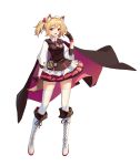  1girl :d absurdres ahoge animal_ear_fluff animal_ears arknights bangs black_cape black_gloves black_vest blonde_hair blush boots bow brown_eyes cape cross-laced_footwear eyebrows_visible_through_hair fang full_body gloves hair_bow hand_up highres knee_boots lace-up_boots long_sleeves looking_at_viewer miniskirt necktie open_mouth pink_skirt pleated_skirt red_bow red_neckwear shenyin_jiade_aquan shirt short_hair simple_background skirt smile solo sora_(arknights) standing tail thigh-highs twintails vest white_background white_footwear white_legwear white_shirt wolf_ears wolf_tail zettai_ryouiki 