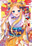  1girl abigail_williams_(fate/grand_order) akirannu bangs black_bow blonde_hair blue_eyes blush bow breasts double_bun egasumi fate/grand_order fate_(series) floral_print forehead fur_trim highres japanese_clothes kimono long_hair looking_at_viewer multiple_bows obi open_mouth orange_bow orange_kimono parted_bangs polka_dot polka_dot_bow sash small_breasts smile 