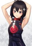  1girl absurdres ahoge armor armpits arms_behind_head arms_up bangs bare_shoulders black_armor black_hair bob_cut commentary grey_background grin hair_between_eyes hair_ornament hair_strand highres huge_filesize itai_no_wa_iya_nano_de_bougyoryoku_ni_kyokufuri_shitai_to_omoimasu leaf light_blush maple_(bofuri) maple_leaf no_gloves raised_eyebrows red_shirt sejuk shirt short_hair sleeveless sleeveless_turtleneck smile solo turtleneck violet_eyes white_background 