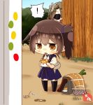  ! 2girls artist_name bag bangs blue_hakama blush brown_eyes brown_hair chibi coin coin_purse day eyebrows_visible_through_hair green_hair hair_ribbon hakama hakama_skirt holding japanese_clothes kaga_(kantai_collection) kantai_collection long_hair minigirl multiple_girls open_mouth outdoors ponytail ribbon side_ponytail spoken_exclamation_mark standing sunglasses taisa_(kari) twintails zuikaku_(kantai_collection) 