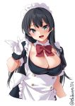  1girl agano_(kantai_collection) apron black_hair blush breasts cowboy_shot ebifurya frills gloves green_eyes highres kantai_collection large_breasts light_blush long_hair maid maid_apron maid_dress maid_headdress puffy_sleeves skirt smile twitter_username waist_apron white_background 