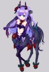  1girl :o ahoge azur_lane bangs bare_shoulders bicorn black_bow black_ribbon blush bow breasts centaur clenched_hands commentary_request elbow_gloves eyebrows_visible_through_hair flower full_body garter_straps gloves grey_background hair_between_eyes hair_bun hair_flower hair_ornament hana_yamakiri heart_cutout hooves horns horse_legs horse_tail leg_up leotard long_hair looking_at_viewer monster_girl monster_girl_encyclopedia monsterification navel navel_cutout one_side_up purple_gloves purple_hair purple_legwear purple_leotard red_flower red_rose ribbon rose side_bun sidelocks small_breasts solo standing strapless strapless_leotard tail thigh-highs unicorn_(azur_lane) violet_eyes 