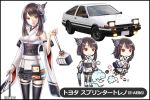  1girl aoi_ikari bangs bare_shoulders black_hair black_legwear blunt_bangs breasts car chibi detached_sleeves ground_vehicle hair_ornament japanese_clothes kimono long_sleeves medium_breasts medium_hair motor_vehicle multiple_views obi original parasol personification red_eyes sash sidelocks thigh-highs toyota_sprinter_trueno umbrella white_kimono wide_sleeves zettai_ryouiki 