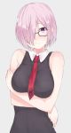  1girl bare_shoulders blush breasts commentary_request eyebrows_visible_through_hair fate/grand_order fate_(series) hair_over_one_eye highres large_breasts lavender_hair looking_at_viewer mash_kyrielight parusu_(ehyfhugj) red_neckwear short_hair simple_background solo violet_eyes white_background 