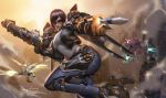  3girls aiming_at_viewer black_hair black_jacket blurry blurry_background clenched_hand d.va_(overwatch) denim facial_tattoo flying highres jacket jeans liang_xing mechanical_wings meka_(overwatch) mercy_(overwatch) midair multiple_girls overwatch pants pharah_(overwatch) rocket rocket_launcher short_hair sunglasses tattoo weapon wings 