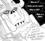  1boy bb_(baalbuddy) black_background commentary english_commentary english_text fangs greyscale helmet highres horned_helmet monochrome orc original ringed_eyes robot simple_background solo 