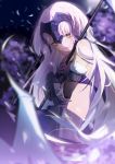  1girl armor armored_dress bangs bare_shoulders black_gloves closed_mouth commentary_request eyebrows_visible_through_hair falling_feathers fate/grand_order fate_(series) fur-trimmed_sleeves fur_trim gauntlets gloves headpiece highres holding holding_staff holding_weapon jeanne_d&#039;arc_(alter)_(fate) jeanne_d&#039;arc_(fate)_(all) long_hair looking_at_viewer silver_hair smile staff very_long_hair weapon yellow_eyes zhibuji_loom 