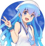  1girl :d akita_(publisher) bangs bare_shoulders blue_eyes blue_hair blush collarbone commentary_request diomedea dress eyebrows_visible_through_hair female_focus hair_between_eyes hand_up hat highres ikamusume long_hair looking_at_viewer open_mouth shinryaku!_ikamusume sleeveless sleeveless_dress smile solo squid_hat suketoudara_(artist) tentacle_hair v very_long_hair white_background white_dress white_headwear 