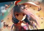  1girl :o alternate_hairstyle animal_ears blue_dress blue_hair bow bowtie bug butterfly butterfly_on_head clouds commentary dress dutch_angle eyebrows_visible_through_hair gradient_sky hair_between_eyes hair_blowing insect kayon_(touzoku) letterboxed long_hair looking_at_viewer outdoors pink_neckwear rabbit_ears red_eyes seiran_(touhou) side_ponytail sky solo touhou twilight upper_body 