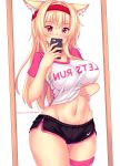  1girl animal_ear_fluff animal_ears bangs blonde_hair blush breasts cat_ears cellphone commentary english_commentary eyebrows_visible_through_hair fast-runner-2024 hair_between_eyes headband highres large_breasts long_hair mirror navel original patreon_username phone red_eyes reflection self_shot shirt_lift short_shorts shorts slit_pupils smartphone solo striped striped_legwear sweatband thigh-highs tiffy_(fast-runner-2024) watermark web_address white_background 