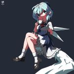  1girl artist_name black_footwear bloomers blue_bow blue_eyes blue_hair blush bow cirno crossed_legs cup dress frilled_dress frills hair_bow highres huxiao_(mistlakefront) ice ice_wings looking_at_viewer mary_janes puffy_short_sleeves puffy_sleeves saucer shoes short_hair short_sleeves sitting socks solo teacup touhou underwear white_legwear wings 