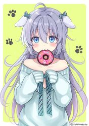  1girl :3 ahoge animal_ears aqua_bow aqua_neckwear aqua_shirt bangs blue_eyes blush bow commentary_request dog_ears doughnut ear_ribbon food green_background grey_hair hair_between_eyes long_hair looking_at_viewer mouth_hold neck_ribbon off-shoulder_shirt off_shoulder original paw_print_background ribbon sakurai_makoto_(custom_size) shii-chan_(sakurai_makoto_(custom_size)) shirt simple_background sleeves_past_fingers sleeves_past_wrists solo striped striped_bow striped_neckwear twitter_username upper_body 