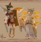  2girls alternate_costume alternate_wing_color armor blizzomos blue_hair brown_footwear cirno daiyousei dated earrings fairy_wings floating green_eyes grin holding holding_shield holding_sword holding_weapon jewelry multiple_girls pointy_ears red_skirt roman_clothes sandals shield shin_guards short_sword skirt skirt_hold smile sword touhou weapon wings 