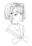  1girl choker copyright_request dan_evan greyscale hair_ornament hair_ribbon looking_at_viewer monochrome o-ring o-ring_choker parted_lips ribbon school_uniform serafuku simple_background smile solo twintails upper_body white_background 