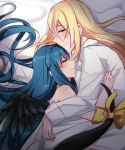  1boy 1girl arm_support asymmetrical_wings bed bed_sheet blonde_hair blue_hair dizzy_(guilty_gear) guilty_gear hug husband_and_wife ky_kiske long_hair messy_hair ribbon s2cikn_(yuzu) tail tail_ribbon wings 