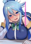  1girl aqua_(konosuba) bangs bare_shoulders blue_eyes blue_hair blue_shirt blush bow breasts commentary_request green_bow green_neckwear hair_between_eyes hair_ornament hair_rings hand_on_own_cheek highres kakaon kono_subarashii_sekai_ni_shukufuku_wo! large_breasts looking_at_viewer lying on_stomach open_mouth shirt sidelocks translated 