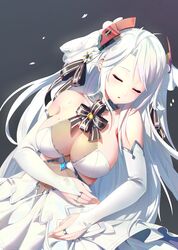  1girl absurdres antenna_hair azur_lane black_background blush breasts bridal_gauntlets bridal_veil closed_eyes dress eyebrows_visible_through_hair finx gloves headgear highres large_breasts long_hair looking_at_viewer mole mole_on_breast multicolored_hair prinz_eugen_(azur_lane) prinz_eugen_(symphonic_fate)_(azur_lane) silver_hair sleeping solo two_side_up veil very_long_hair wedding_dress white_dress 