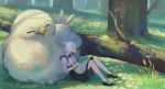  1girl absurdres animal_ears black_footwear black_neckwear bow cat_ears chocobo closed_eyes final_fantasy final_fantasy_xiv flower forest frills fungus grass highres jun_(5455454541) maid moss nature outdoors parted_lips short_hair sleeping tree white_hair yellow_flower 