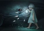  1girl absurdres animal barefoot black_eyes child dress facial_scar fish glowing grass highres holding holding_lantern jun_(5455454541) lantern original scar scenery short_hair silver_hair walking whale white_dress 