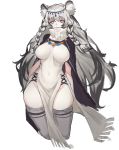  1girl animal_ears arknights arms_at_sides braid breasts bright_pupils covered_navel cowboy_shot dress expressionless eyebrows_visible_through_hair grey_eyes grey_hair grey_legwear highres impossible_clothes impossible_dress large_breasts long_hair looking_at_viewer pelvic_curtain pramanix_(arknights) shawl solo tail thigh-highs turtleneck twin_braids very_long_hair wtcolor 
