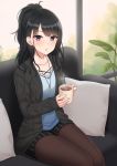  1girl :o absurdres ahoge bangs black_eyes black_hair black_jacket black_shorts blue_shirt blush brown_legwear coffee coffee_mug collarbone commentary_request couch cup eyebrows_visible_through_hair highres holding holding_cup idolmaster idolmaster_shiny_colors indoors jacket kazano_hiori kurisu-kun legwear_under_shorts long_hair looking_at_viewer mixed-language_commentary mole mole_under_mouth mug neckerchief on_couch open_clothes open_jacket pantyhose parted_lips pillow ponytail shirt shorts sitting solo steam striped vertical-striped_shorts vertical_stripes window 
