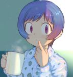 1girl 2equal8 blush commentary cup looking_at_viewer multicolored_hair original short_hair solo 