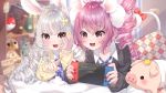  2girls absurdres animal_ears bed black_sweater book bookshelf cat_ears cat_tail curly_hair drill_hair elin_(tera) fang grey_eyes hair_ornament hairclip hand_on_own_cheek highres kaname_warabi long_hair lying multiple_girls nail_polish nintendo_switch on_stomach open_mouth pillow pink_eyes pink_hair playing_games pointing poke_ball rabbit_ears shirt silver_hair smile stuffed_toy sweater tail tera_online twintails very_long_hair white_shirt yellow_sweater 