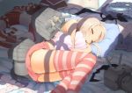  1girl absurdres amochin ass bangs bare_arms bare_shoulders bed blonde_hair blush book chestnut_mouth closed_eyes clothes_removed commentary_request highres indoors kantai_collection lifebuoy long_hair lying on_bed on_side open_mouth pillow rensouhou-chan shimakaze_(kantai_collection) shirt_removed shorts skindentation skirt skirt_removed sleeping sleeveless striped striped_legwear thigh-highs thighs 