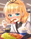  1girl aqua_eyes bangs black_shirt blazer blonde_hair blunt_bangs blurry blurry_background blush bowl cabbage chopsticks commentary_request eating gochuumon_wa_usagi_desu_ka? grey_neckwear jacket katsu_(food) kirima_sharo long_sleeves miso_soup mozukun43 plaid_neckwear plate rice rice_bowl sailor_collar school_uniform shirt short_hair solo sweat tedeza_rize&#039;s_school_uniform tonkatsu translation_request tray wavy_hair white_jacket 