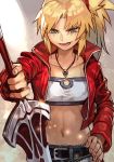  1girl bandeau bangs belt blonde_hair blue_shorts breasts clarent collarbone cutoffs denim denim_shorts fate/apocrypha fate_(series) green_eyes hair_ornament hair_scrunchie hand_on_hip hankuri jacket jewelry long_hair long_sleeves looking_at_viewer mordred_(fate) mordred_(fate)_(all) navel necklace open_clothes open_jacket open_mouth parted_bangs pendant ponytail red_jacket scrunchie short_shorts shorts sidelocks small_breasts smile solo strapless sword tubetop weapon 