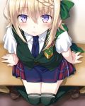  1girl blonde_hair blue_neckwear blue_skirt blush braid brown_footwear buttons dd_(ijigendd) eyebrows_visible_through_hair green_legwear green_vest hair_between_eyes highres kantai_collection necktie perth_(kantai_collection) pleated_skirt shirt shoes short_hair short_sleeves skirt solo thigh-highs vest violet_eyes white_shirt 