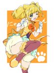  1girl ;d bangs blonde_hair blunt_bangs brown_legwear cure_sparkle eyebrows_visible_through_hair gloves green_eyes hands_up healin&#039;_good_precure hiramitsu_hinata looking_at_viewer magical_girl one_eye_closed open_mouth orange_background precure short_hair smile solo standing standing_on_one_leg thigh-highs twintails umanosuke white_gloves 