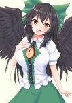  1girl :d absurdres bangs bird_wings black_hair black_wings blush bow breasts commentary_request cowboy_shot green_bow green_skirt hair_bow hand_on_own_chest highres large_breasts long_hair looking_at_viewer o1118 open_mouth puffy_short_sleeves puffy_sleeves red_eyes reiuji_utsuho shirt short_sleeves simple_background skirt smile solo third_eye touhou very_long_hair white_background white_shirt wings 