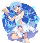  1girl :d bangs bare_shoulders blue_eyes blue_hair blush breasts commentary_request dress eyebrows_visible_through_hair flag food fried_rice hair_between_eyes hat holding holding_plate ikamusume long_hair looking_at_viewer mini_flag open_mouth plate shinryaku!_ikamusume shoes shrimp sleeveless sleeveless_dress small_breasts smile solo squid_hat standing standing_on_one_leg suketoudara_(artist) tentacle_hair very_long_hair white_dress white_footwear white_headwear 