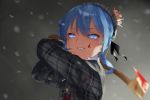  1girl axe beret blood blood_on_face bloody_axe bloody_clothes bloody_weapon blue_eyes blue_hair commentary_request grey_background hat highres hololive hoshimachi_suisei nem_rui plaid snow solo upper_body virtual_youtuber weapon 